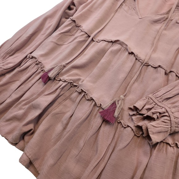 Cato Boho Peasant Top L Pink Tiered Tassel Ruffle Sleeve Cottagecore Festival - Picture 3 of 10